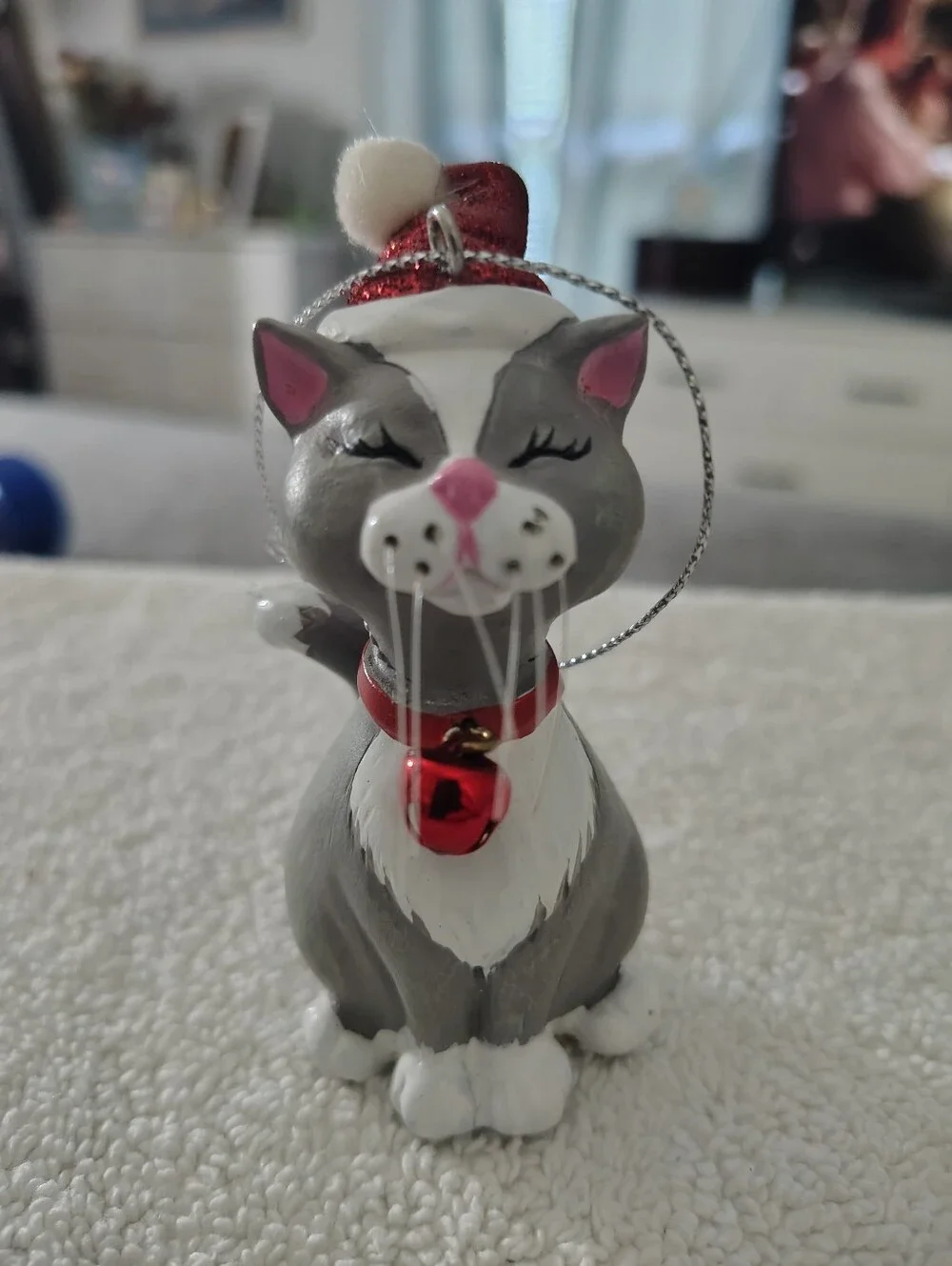 Gray & White Festive Cat Ornament with Red Hat and Bell By Ganz